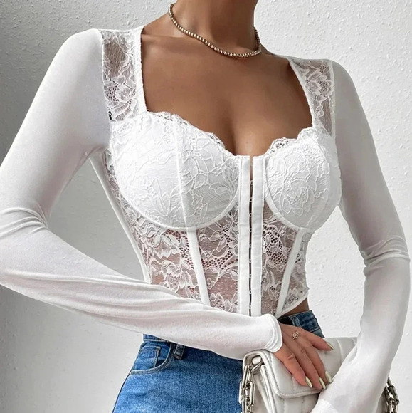 Asymmetrical Hem Crop Bustier Lace Top - Picture 1 of 7